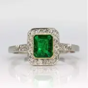 4.25Ct Art Deco Style Halo Lab Created Emerald Engagement 14K White Gold FN Ring