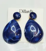 Dillard's Gold Tone Stud Back Earrings Blue White Big Teardrops New