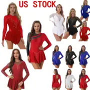 US Women Dance Dresses Shiny Rhinestone Mesh Patchwork Ballet Dresses Dancewear