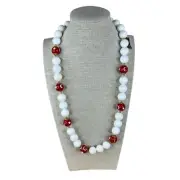 Vintage NEW Lucite Beaded Necklace White Red Painted Retro