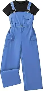 [Hilinker] Girl's Overalls 2 Piece Outfits Short Sleeve Top and Cargo Jumpsuit Set with Pockets 7-14 Years