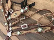 Western Brown Leather Set of Headstall and Breast Collar with Overlay and Spots