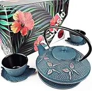 KIYOSHI Luxury 7PC Japanese Tea Set. Blue Butterfly Cast Iron Tea Pot with 2 Tea Cups, 2 Saucers, Loose Leaf Tea Infuser and Teapot Trivet. Ceremonial Matcha Accessories