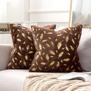 2x Square Throw Pillows Decorative Faux Fur Gold Feathers Gilding Leaves Cushion Cases Soft Fluffy(Inserts + Pillow Covers,Coffee)