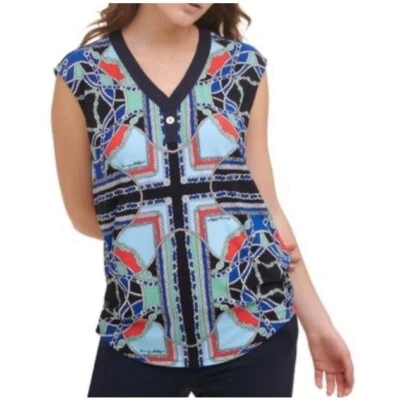 Tommy Hilfiger Womens Chain Print Snap Front Top Midnight Multi Size S NWT