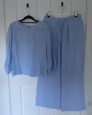 BNWT Seed Heritage Frost Blue Linen Balloon Sleeve Top 8 Wide Leg Pant 10 $269