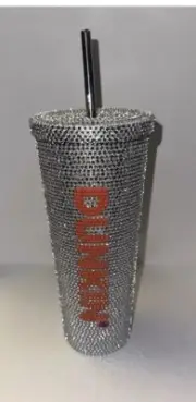 New Dunkin Steel Sparkly Bling Valentines Day Tumbler 24oz Steel Straw (In Hand)