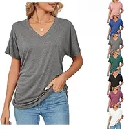 [Generic] Presencte New Casual Pullover V-Neck Solid Color Loose Ladies Tops, Women Summer Comfortable Oversized Tops, Grey, X-Large