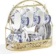 [fanquare] Porcelain Tea Sets,Blue British Coffee Cups& Saucer Service for 6, with Teapot,Sugar Bowl,Creamer Pitcher and Golden Metal Rack