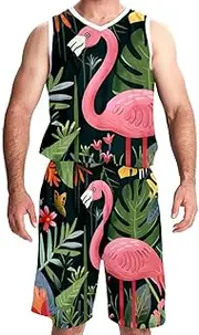 [KQNZT] Basketball Jerseys Shorts Sport Set, Outfit Tank Top Track Shorts, Mens Basketball Jerseys, Tropical Jungle Cartoon Flamingo Flower Leaves