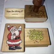 4 Wood Handle Rubber Stamps Scrap-booking Santa VERY GOOD Merry Christmas Librar
