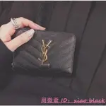 YSL 黑色 金字 荔枝皮 斜條紋 釦子 拉鍊 短夾 403723