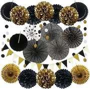 WEEMAGIC Party Decoration, 21 Pcs Black and Gold Hanging Paper Fans, Pom Poms Flowers, Garlands String Polka Dot and Triangle Bunting Flags for Birthday Parties Wedding Décor, Table & Wall Decorations