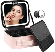 VANMRIOR Travel Makeup Bag with LED Lighted Make up Case with Mirror 3 Color Setting Cosmetic Makeup Box Organizer Vanity Case for Women Beauty Tools Accessories Case Rechargeable, Pink, Travel Makeup