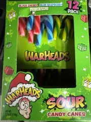 2X WarHeads Sour Candy Canes 12-Count 5.29oz Blue Raspberry, Black Cherry, Apple