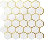 DICOFUN 3mm Hexagon Self Adhesive Wall Tiles, Polished White Tile Mixed Gold Metal Chip Stick on Tile, Splashback Tile Stickers for Kitchen & Bathroom (10 Tiles)