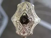 .50ct FLAWLESS VVS1 SMOKY QUARTZ RING,ART DECO VINTAGE ESTATE HAND CARVED ETCH