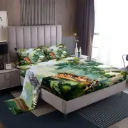 Tiger Animal Bed Sheet Set 4 Piece,Green Palm Leaves Jungle Sheets Full Size ...