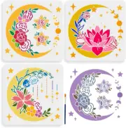 3Pcs Moon Flower Stencil 11.8×11.8Inch Large Floral Moon Phase Star Stencils wit