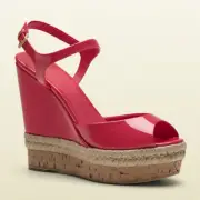 GUCCI SHOES HOLLIE PATENT LEATHER PLATFORM WEDGE ESPADRILLE SANDAL PINK 38.5 8.5