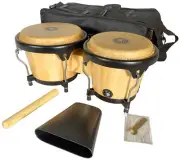 Bongos Percussion Drum Set w/ Bag, Cowbell & Stick - Natural