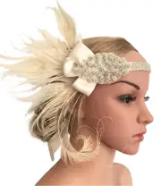 1920s White Feather Vintage Bridal Great Gatsby Flapper Headpiece