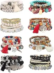 [Sanfenly] 8 Sets Bohemian Stackable Bead Bracelets for Women Stretch Multilayered Boho Stackable Bracelet Stack Beads Multicolor Beaded Strand Bangle Charm Bracelets Boho Tassel Bracelet Set Handmade