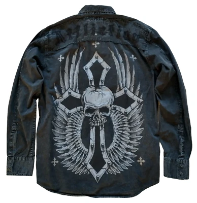 BRAND NEW Vintage Affliction Button Down Shirt FAST TIMES XL NWT Skull BlacK