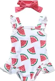 [Skyonenct] Boys Swimwear Headband Two Girls Swimwear Backless Swimsuit Piece Print with Baby Girls Swimwear Girls Swimming Clothes