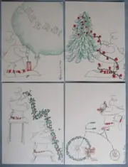 BJ Wendel 1983 CHRISTMAS CARDS & ENVELOPES designer signed ~ Set of 4 NOS