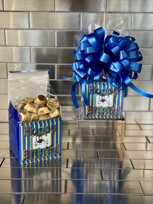 Happy Birthday Reese’s Peanut Butter Cups Gift Basket-Box Wrapped & Blue Bow