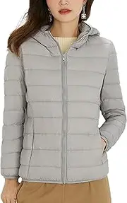[JEShifangjiusu] Women's Lightweight Plumon Jacket with Long Sleeve Hat with Chain Winter Coat Fully Foldable Warm Short Plumon Coat, grey, M