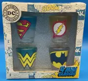 DC COMICS 4 Mini Glasses Shot Glasses Superman Flash Wonder Woman Batman NEW