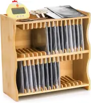 Lyellfe CD Holder Rack, Bamboo CD Rack Organizer with Rubber Feet, DVD Display S
