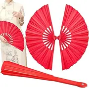 [INEFYLOVS925] 2pcs Red Chinese Folding Hand Fans Line Dance Big Silk Handheld Clapping Fan Decorative Foldable Popping Fans with 2pcs Fan Sleeves for Men Women Dancing Boots On The Ground