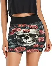 [RPLIFE] Skull Roses Womens Exercise Skirt, High Waisted Athletic Short, Athletic Running