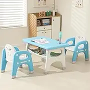 Kids Table and 2 Chairs Set, Toddlers Table and Chairs Set with Large Built-in Storage Shelf, Kids Activity Table for Reading, Drawing, Eating, Playing, with Anti-Slip Foot Covers, Blue
