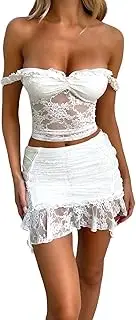 [Yoskog] Women Ruffle 2 Piece Skirt Sets Sheer Mesh 3D Flower Top+Fringed Irregular Bodycon Mini Skirt Y2K Outfit Streetwear, White-lace, M