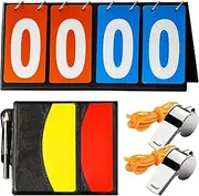 Yauhar 10Pcs Soccer Referee Kit Contain 4-Digital Portable Table Top Scoreboard Flipper, Stainless Steel Sports Whistles, Red Yellow Cards with Notebook for Football Soccer