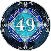 (Years 1-50) NA 49 Year Crystals and Glitter Medallion, Silver Color Plated Coin, Black Rainbow, Blue Glitter and Four Clear Crystals, Epoxy Covered (NA 49 Years Clean Time), small