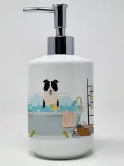 Black White Border Collie in Bathtub Ceramic Soap Dispenser Hand Soap Dispenser
