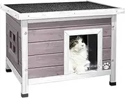 VOUNOT® Cat House Garden Wooden Kitten Home with Water-Resistant Openable Roof, Privacy Window Outdoor Pet Shelter 57x45x43cm, Grey