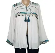Chico's Sz 1 Medium Open Front Top Cover-Up Jacket Tassel Tie Women White Green