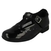 Girls Clarks Black Patent Leather School Shoes T-Bar Heart Detailed Scala Dress