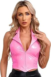 [Rswnyirn] Womens Pvc Leather Halter V-neck Dressy Vest Backless Waistcoat Dance Crop Top Clubwear