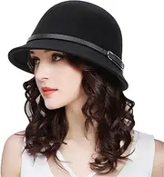 [CaySep] Vintage Wool Felt Cloche Hat Bowler Derby Hats for Women - 20s/30s British Top Hat Short Brim Cap