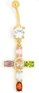 [Niaspi] 14G Colorful Cross Belly Button Rings Stainless Steel 18K Gold Plated Cubic Zirconia Dangle Belly Navel Barbell Sparkling Belly Piercing Jewelry for Women Girls, Stainless Steel, cubic zirconia