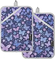 Pot Holders Sets Heat Resistant Retro Flowers Blue Purple Butterflies Pastel Potholders with Pockets Hot Pads for Cooking Oven Mitts 2 Pack