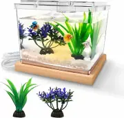 Mini Fish Tank Kit with LED Light Base, 0.2 Gallon Tank with Artificial Plants