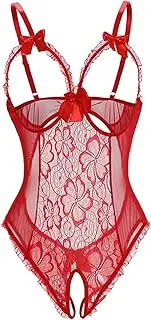 [Generic] Women Sexy One-Piece Lace Babydoll V Neck Lingerie Perspective Bodysuit Lace Nightie Mini Teddy Nightdress
